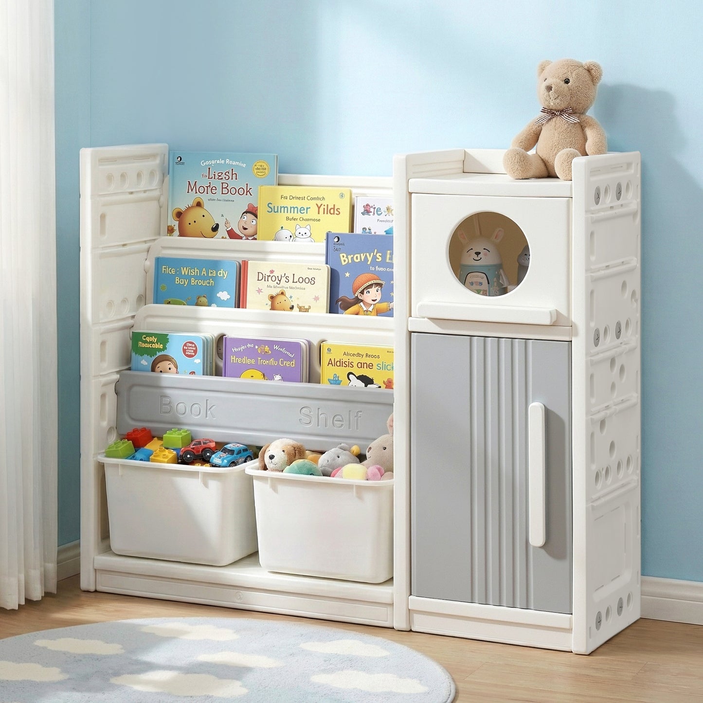 Keezi Kids Bookshelf and Toy Storage Organizer with 3-Tier Bookshelvs, 2 Removable Bins and 2 Storage Cabinets, Toddler Bookshelf with Toy Organizer for Kids' Rooms, Playrooms Keezi Kids Bookshelf and Toy Storage Organizer with 3-Tier Bookshelvs, 2 Removable Bins and 2 Storage Cabinets, Toddler Bookshelf with Toy Organizer for Kids' Rooms, Playrooms