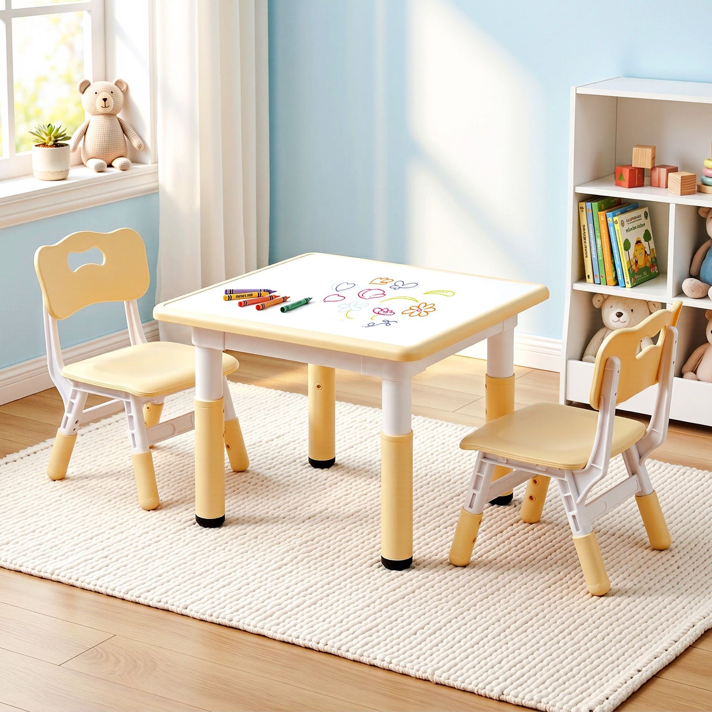 Keezi Kids Table and 2 Chairs Set Height Adjustable Toddler Desk Yellow