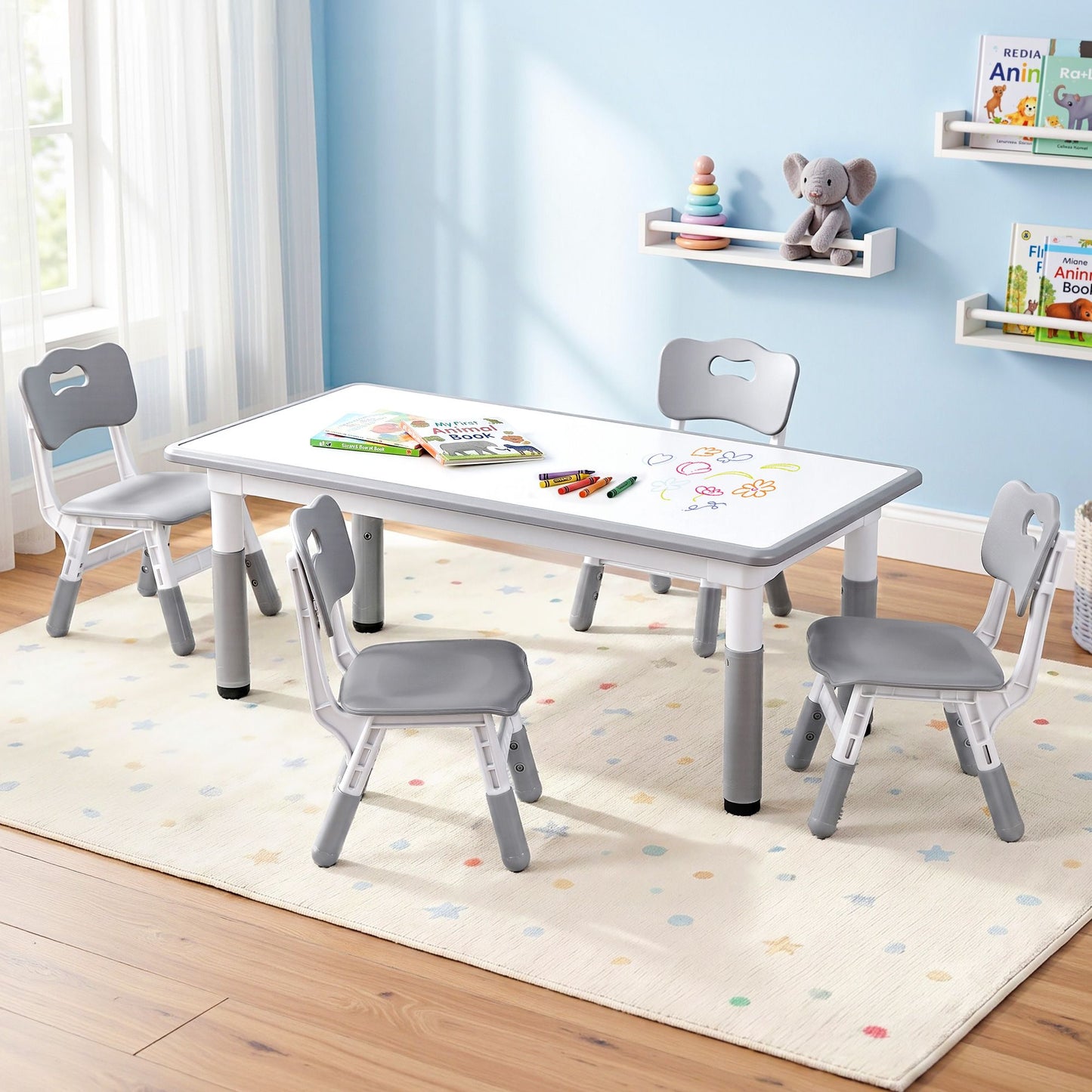 Keezi Kids Table and 4 Chairs Set Height Adjustable Toddler Desk Grey