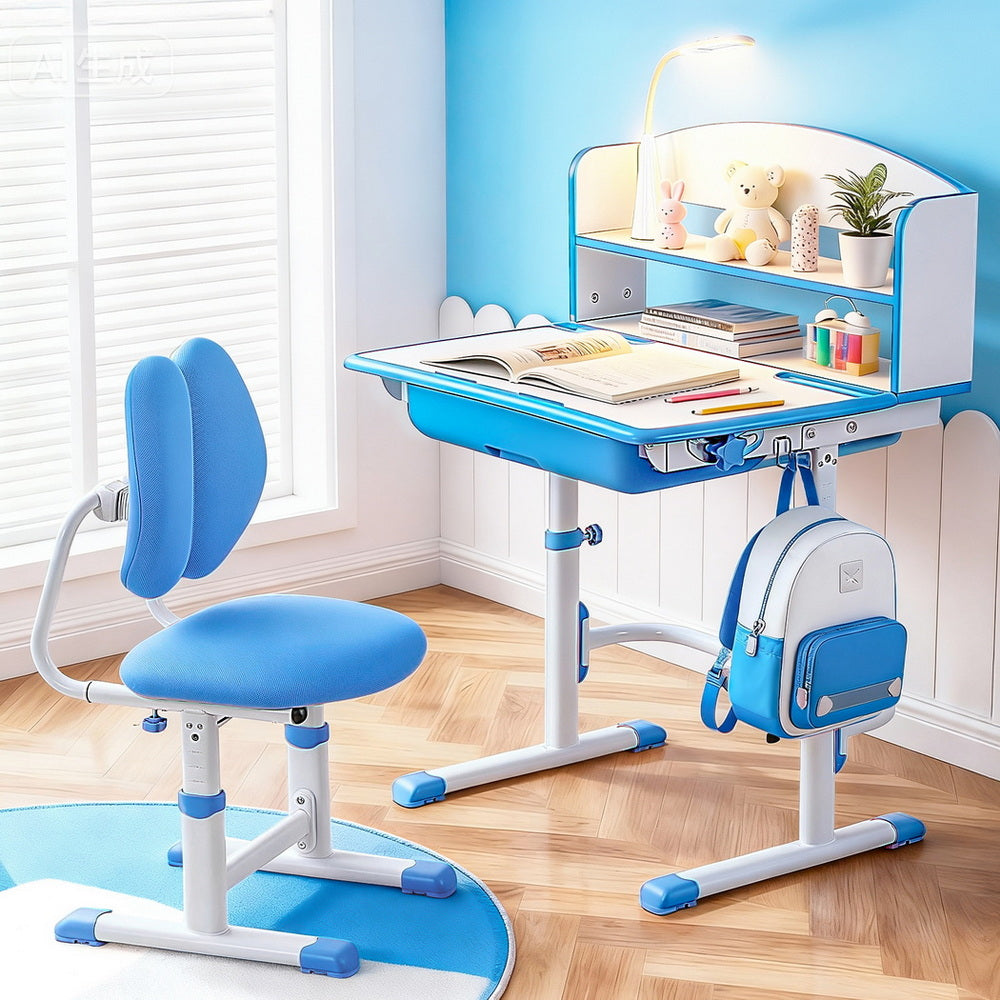 Keezi Kids Study Desk Chair Set Adjustable Ergonomic Table LED Lamp Blue Keezi Kids Study Desk Chair Set Adjustable Ergonomic Table LED Lamp Blue