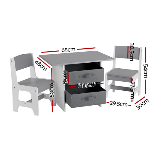Keezi Kids Table and 2 Chairs Set Wooden Activity Table wit 2 Storage Drawers, Toddler Table and Chair Set for Children Drawing, Reading, Crafts, Eating, Grey
