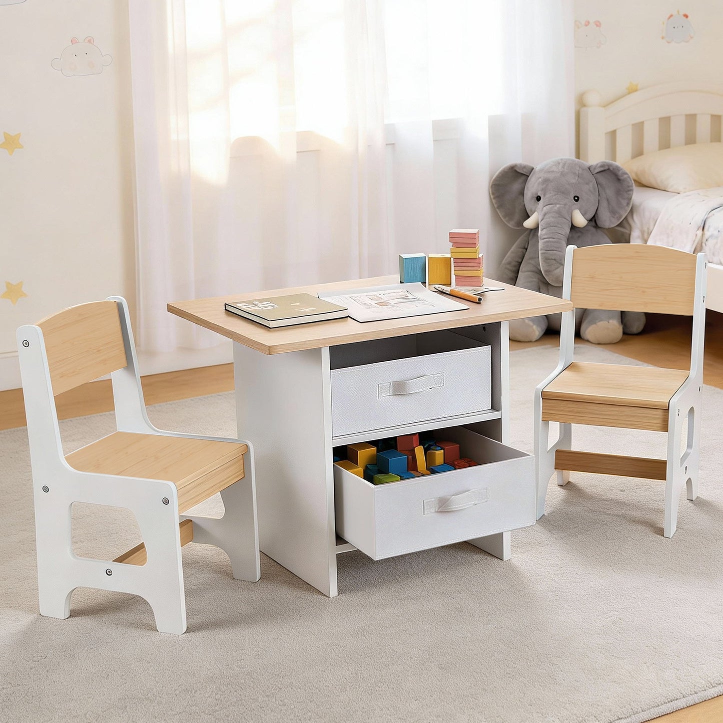 Keezi Kids Table and 2 Chairs Set Wooden Activity Table wit 2 Storage Drawers, Toddler Table and Chair Set for Children Drawing, Reading, Crafts, Eating, Natural Keezi Kids Table and 2 Chairs Set Wooden Activity Table wit 2 Storage Drawers, Toddler Table and Chair Set for Children Drawing, Reading, Crafts, Eating, Natural