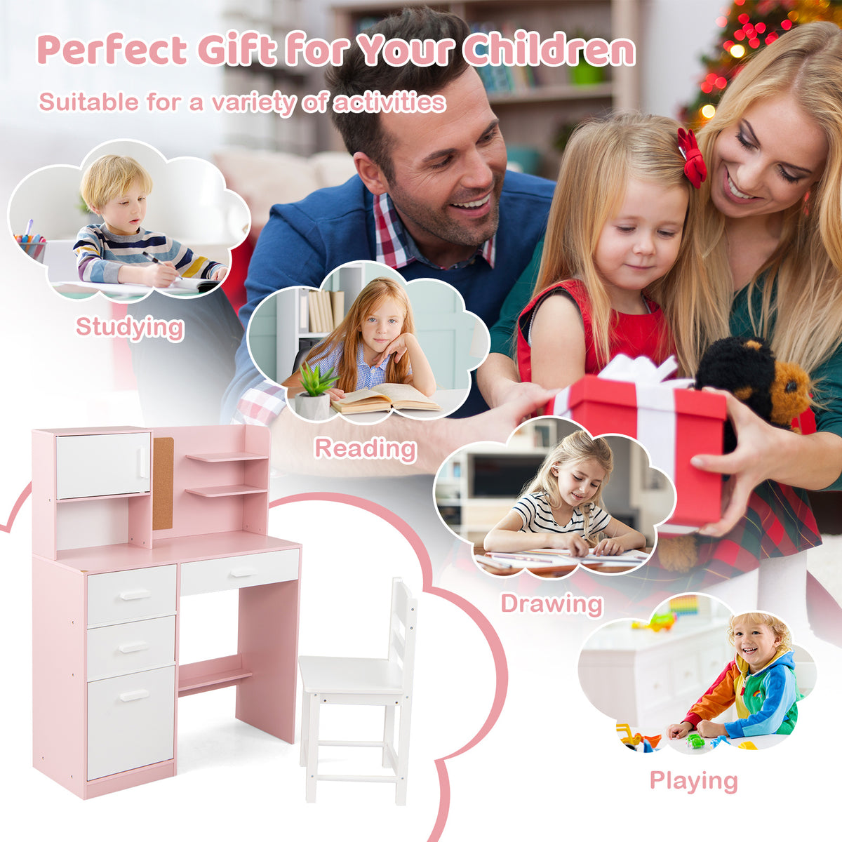Pink Kids Desk and Chair Set | Hutch Storage & Bulletin Board