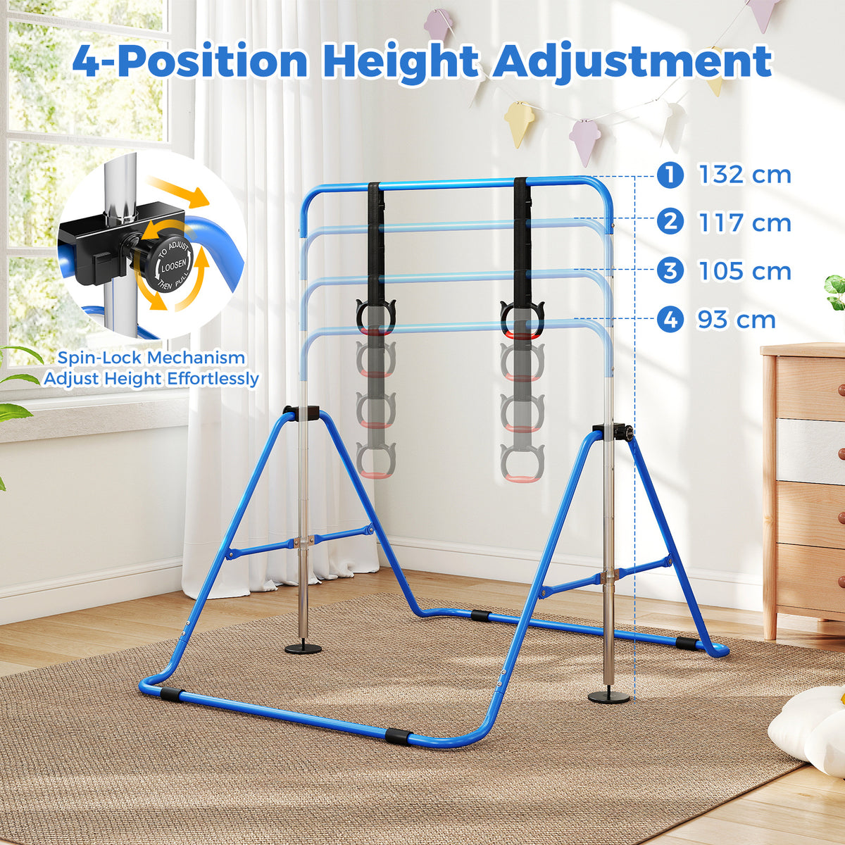 Kids Gymnastic Horizontal Bar | 4 Heights Navy Blue Training Bar