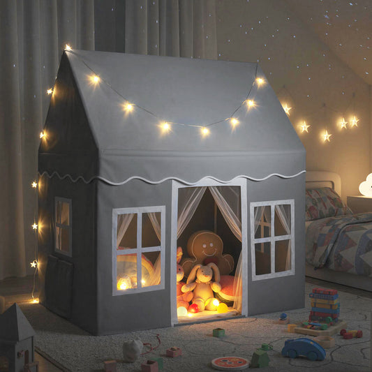 Grey Kids Play Castle Tent | Star Lights & Washable Mat