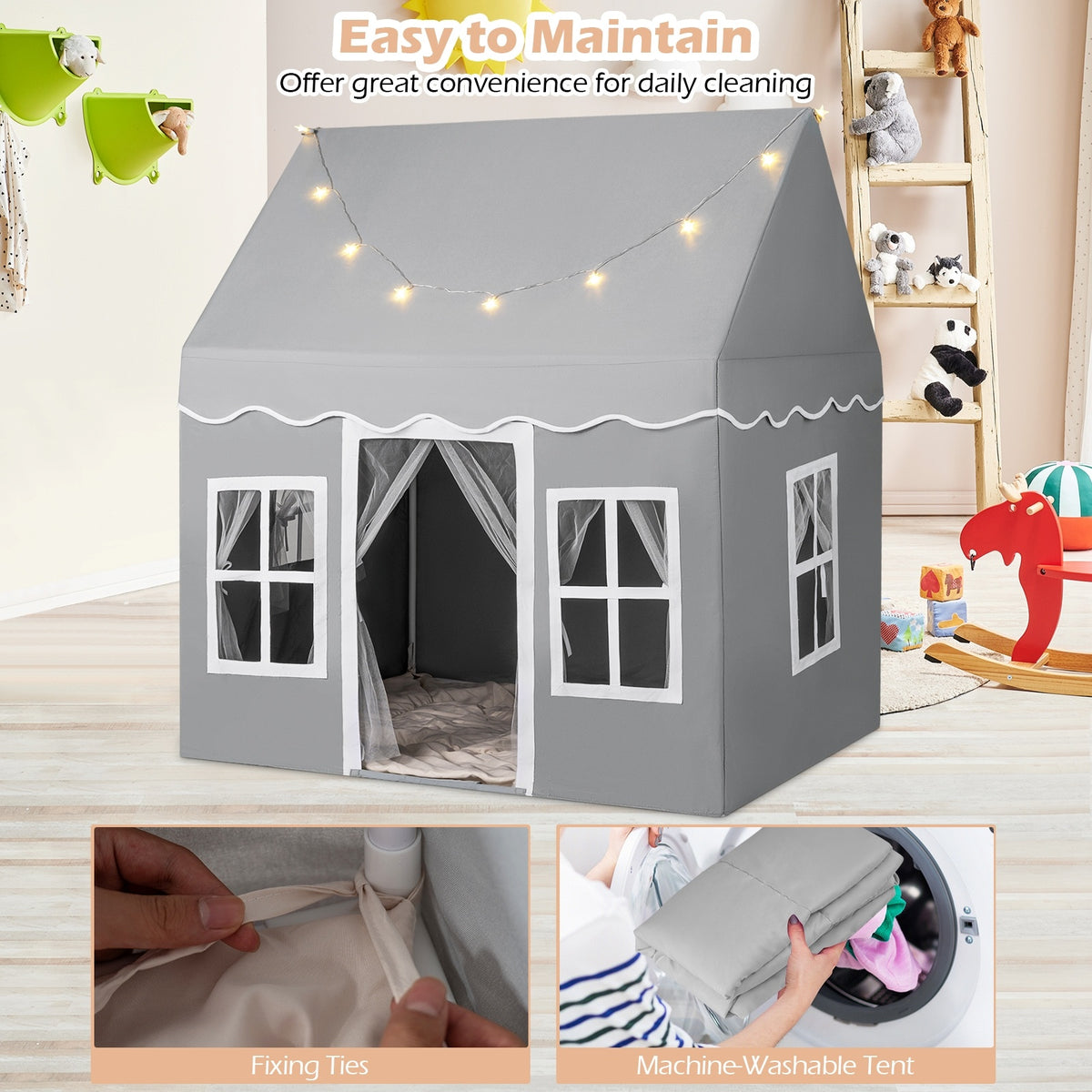 Grey Kids Play Castle Tent | Star Lights & Washable Mat