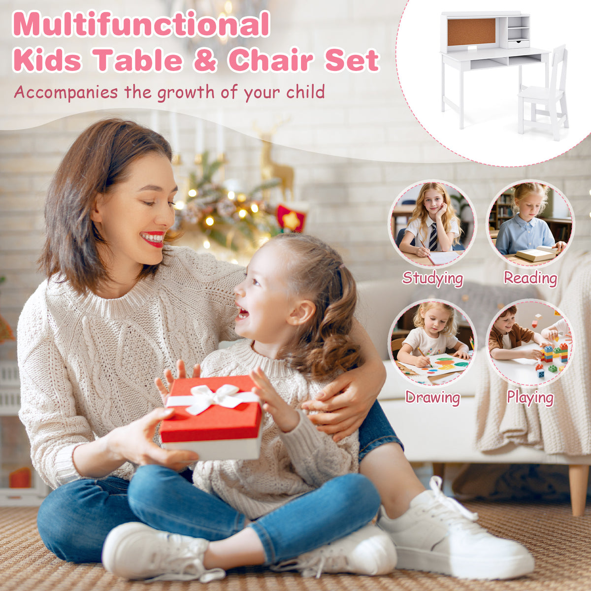 Kids Desk & Chair Set | White Wooden Table with Cork Board