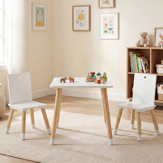 White Kids Table & 2 Chairs Set | Pine Wood Legs for Toddlers