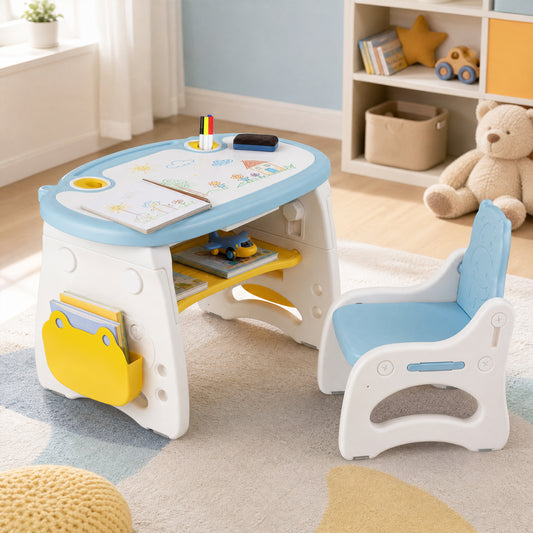 Kids Activity Table & Chair Set | Whiteboard Top Blue & White