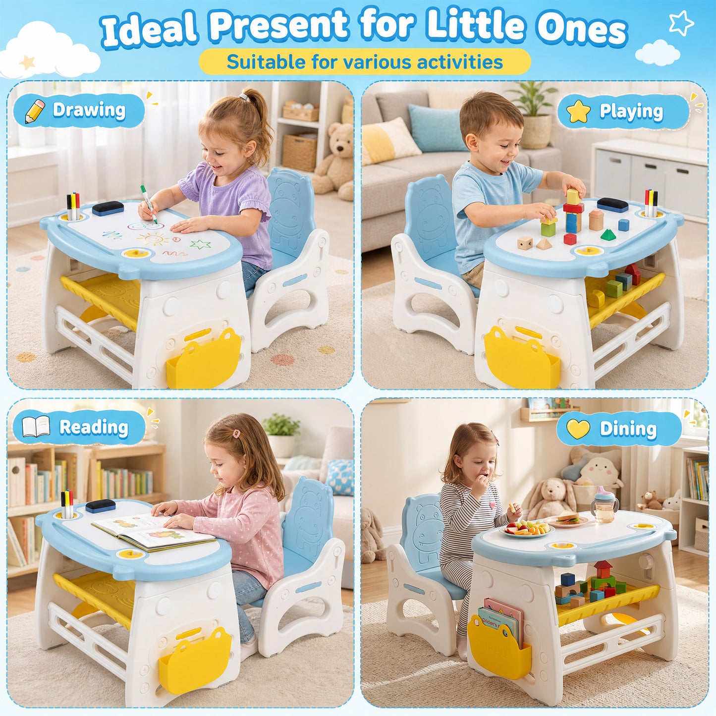 Kids Activity Table & Chair Set | Whiteboard Top Blue & White