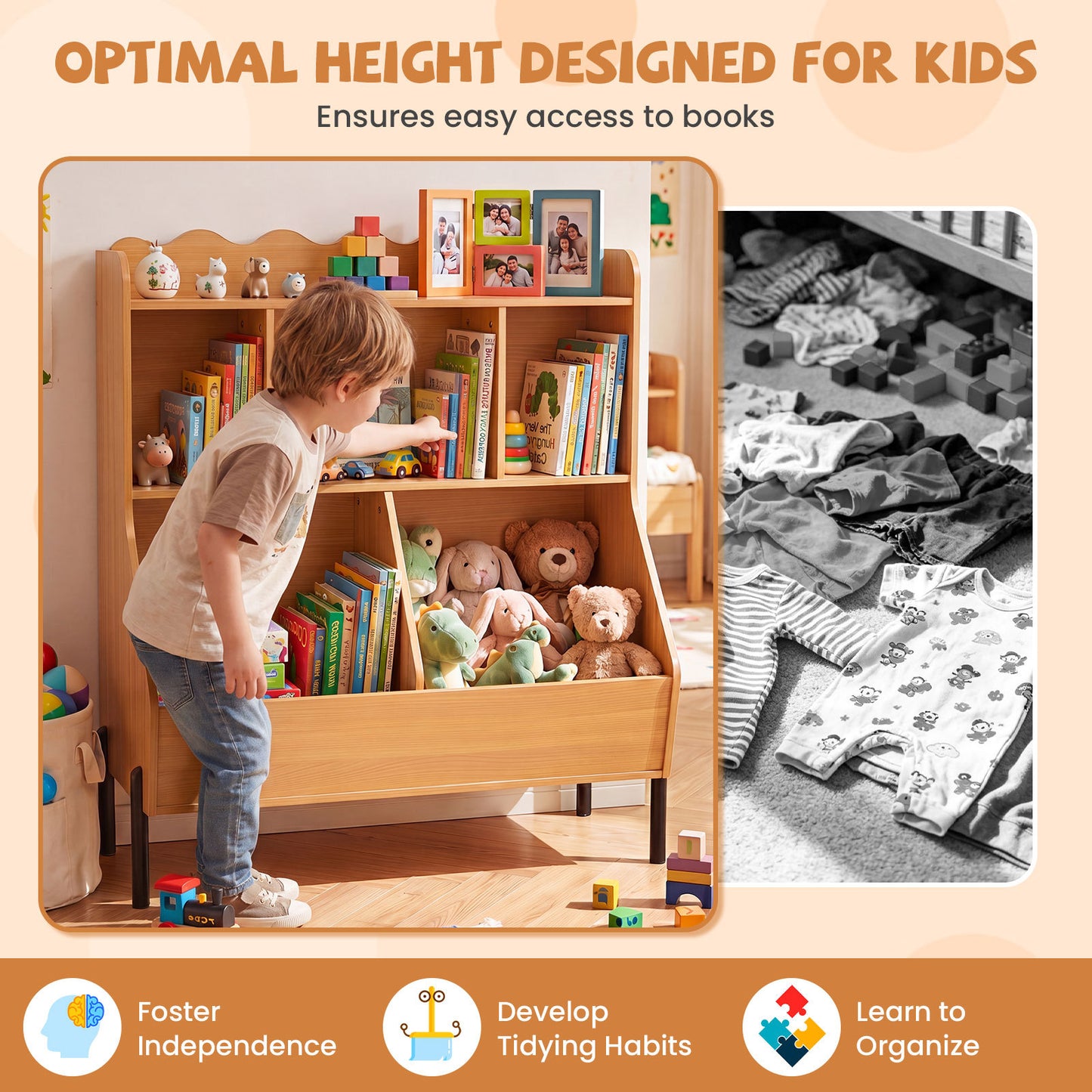 Kids Natural Toy Storage Organizer | 3 Tier Montessori Bookshelf