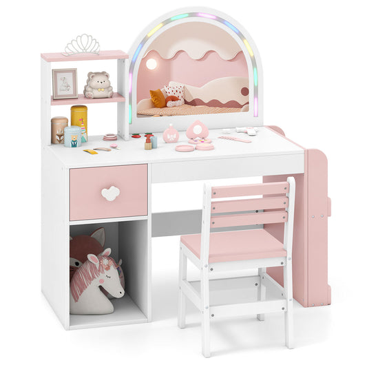 Kids Vanity Desk with Lights & Mirror | White & Pink
