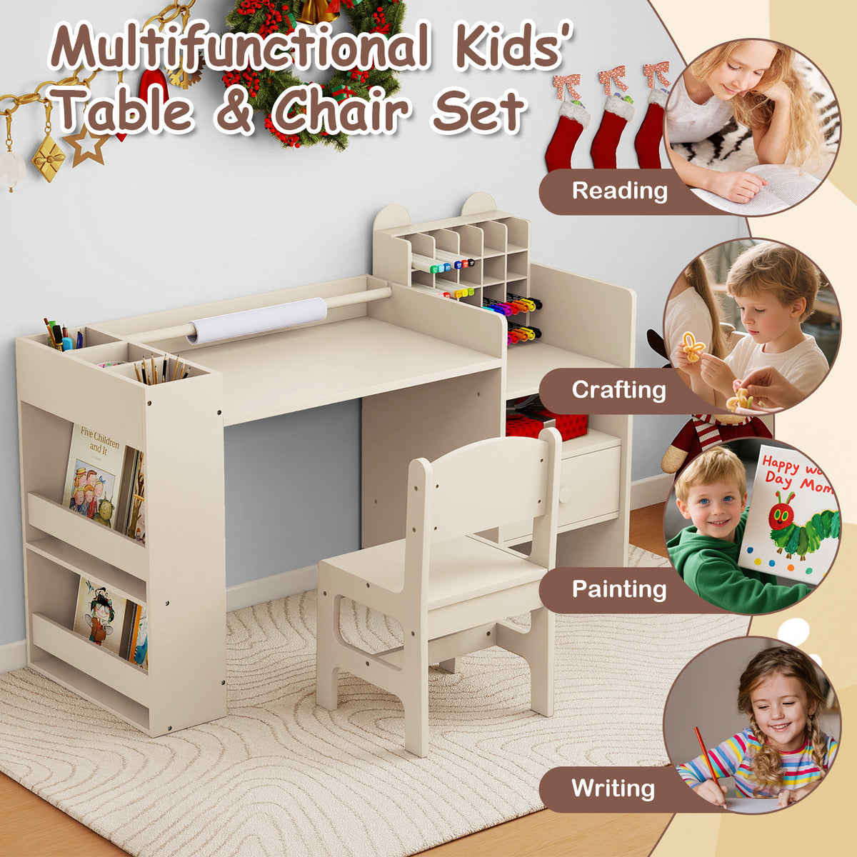 Kids Art Table & Chair Set | Natural Wood Tone With Storage