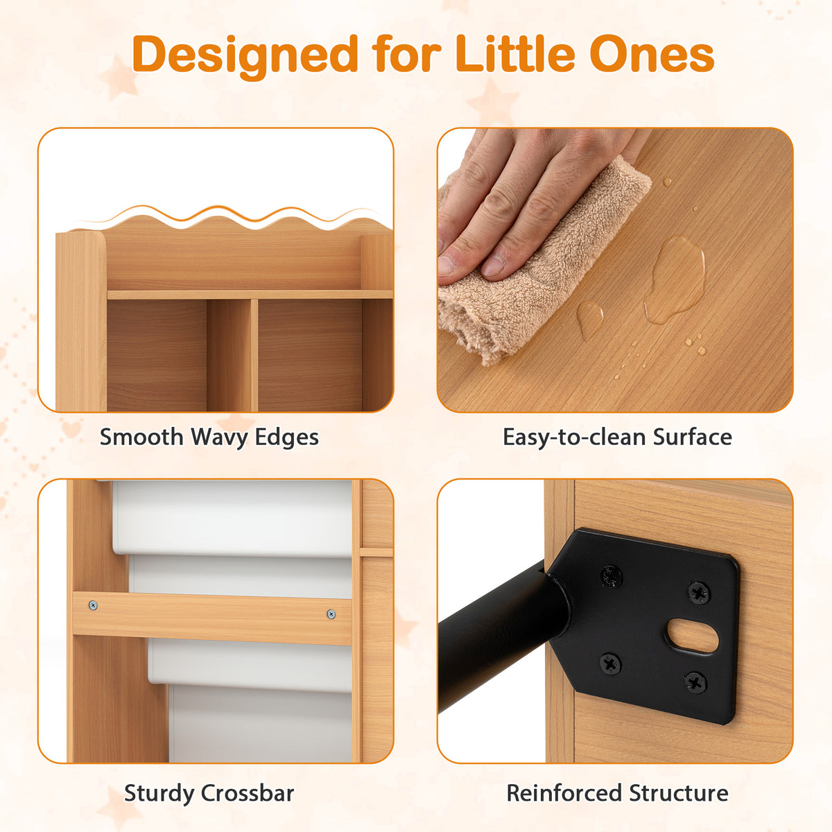 Kids Bookshelf & Toy Storage | 5 Fabric Pockets | Natural White