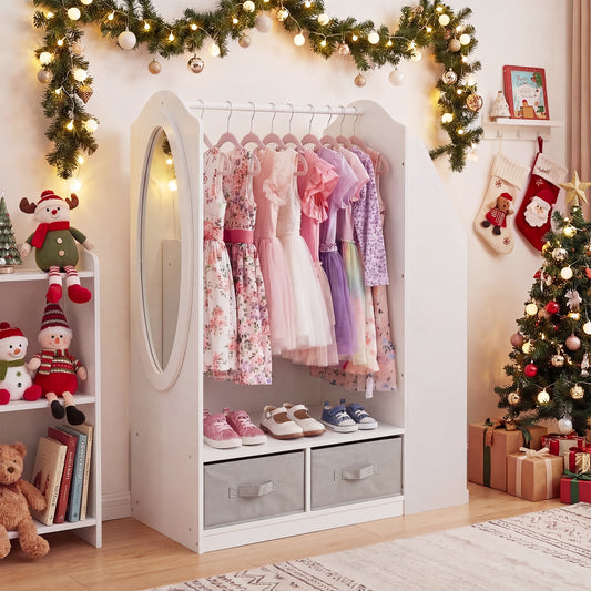 White Kids Closet | Mirror Drawers Bookshelf & Clothing Rack