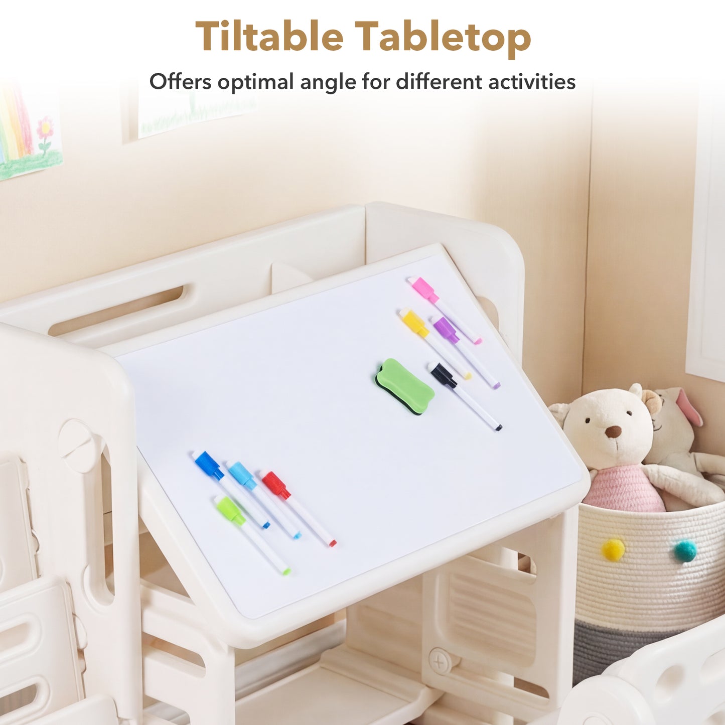 Beige Kids Desk & Chair Set | Tiltable Desktop & Bookshelves