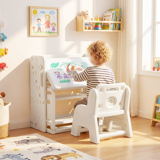 Beige Kids Desk & Chair Set | Tiltable Desktop & Bookshelves