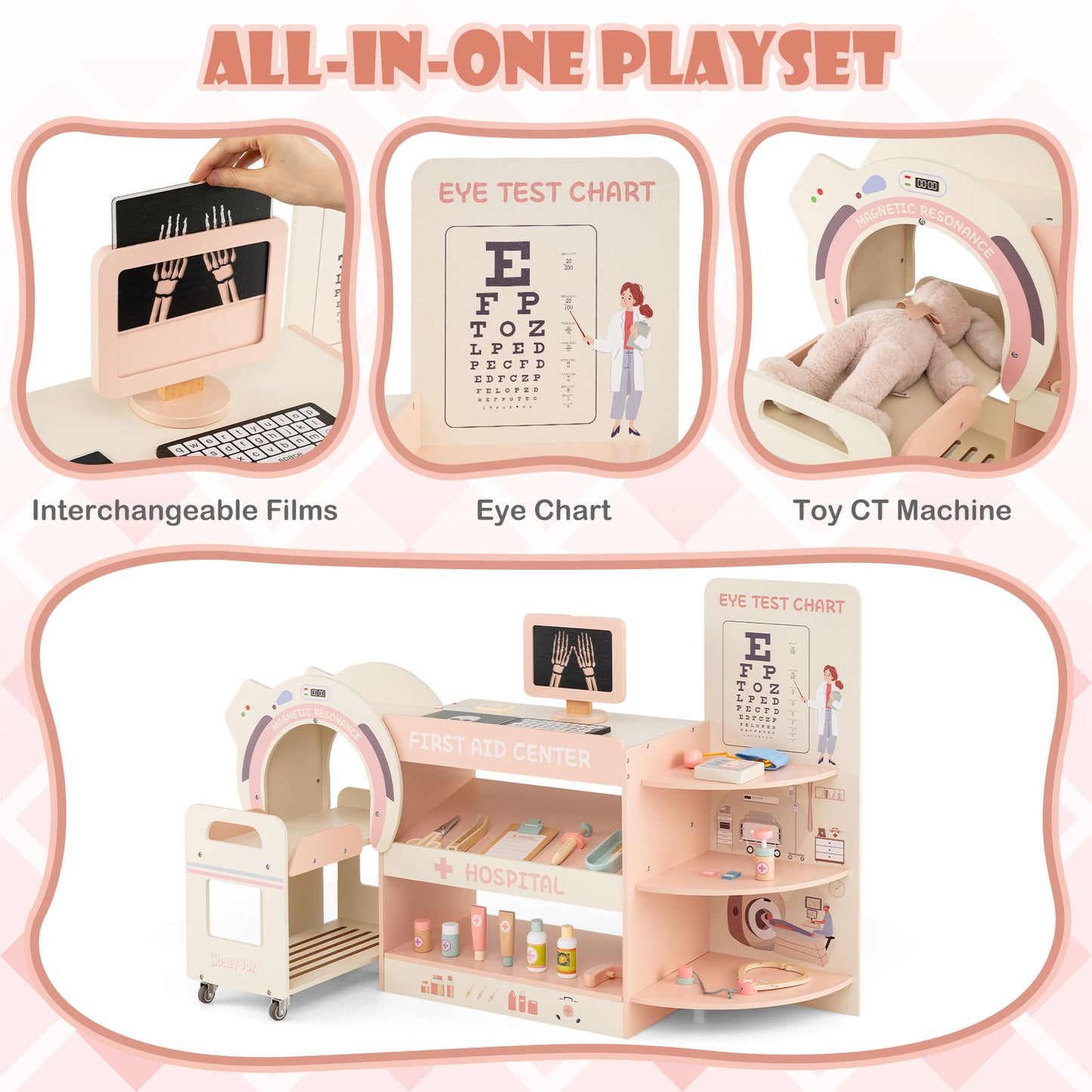 Kids Doctor Play Set with CT Machine Eye Chart Pink Wood