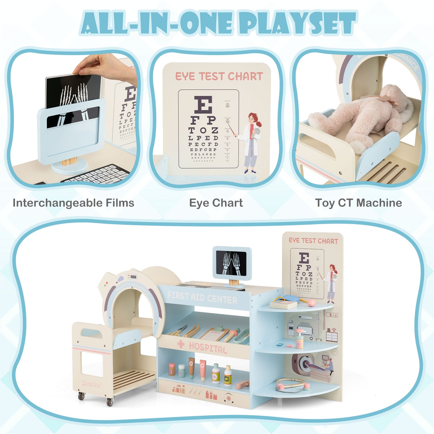 Blue Kids Doctor Play Set | CT Machine Eye Chart & Medical Tools