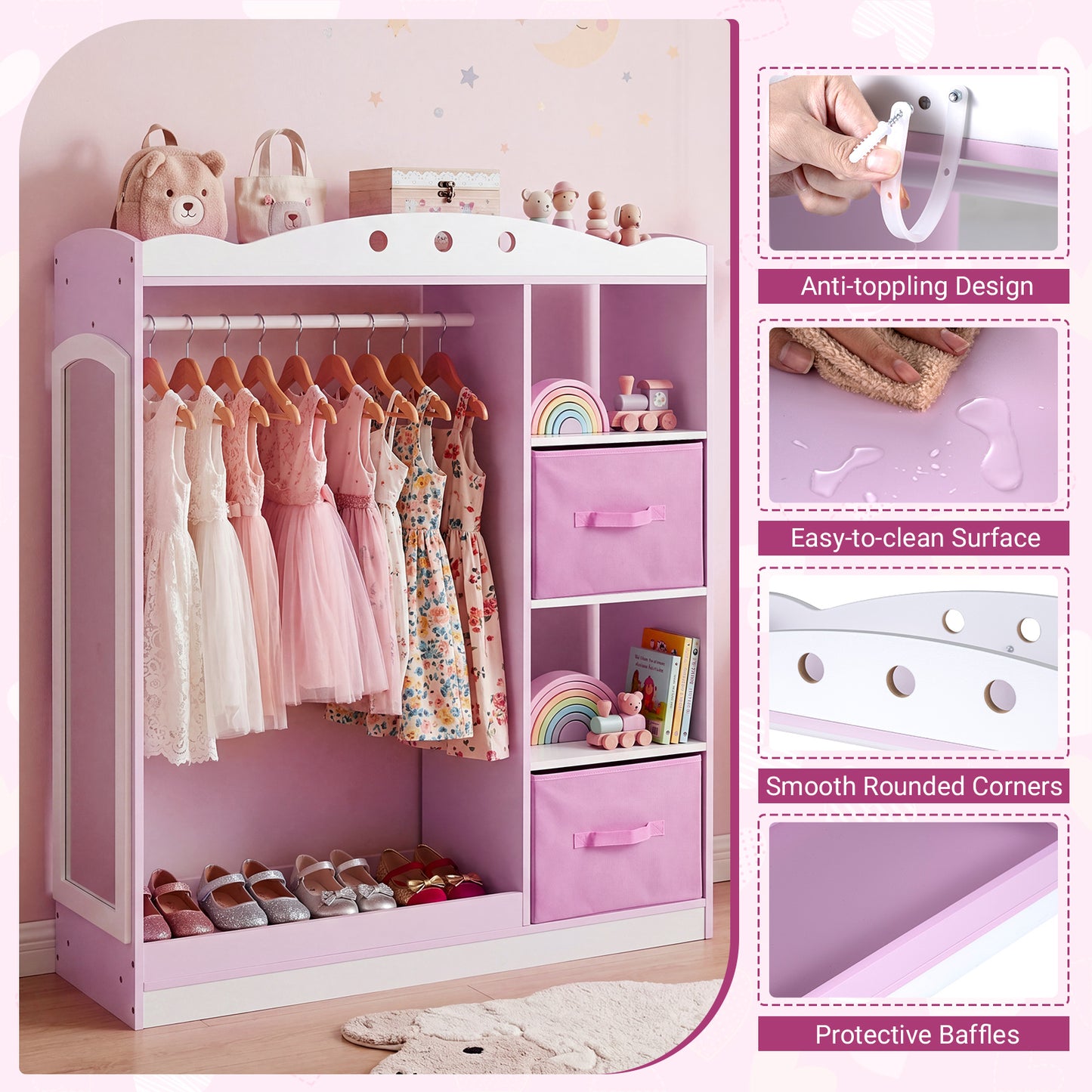 Pink Kids Dress Up Storage Shelf | Mirror & Hanging Rod