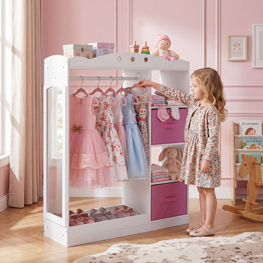 Kids Dress Up Storage Shelf With Mirror & Hanging Rod | White