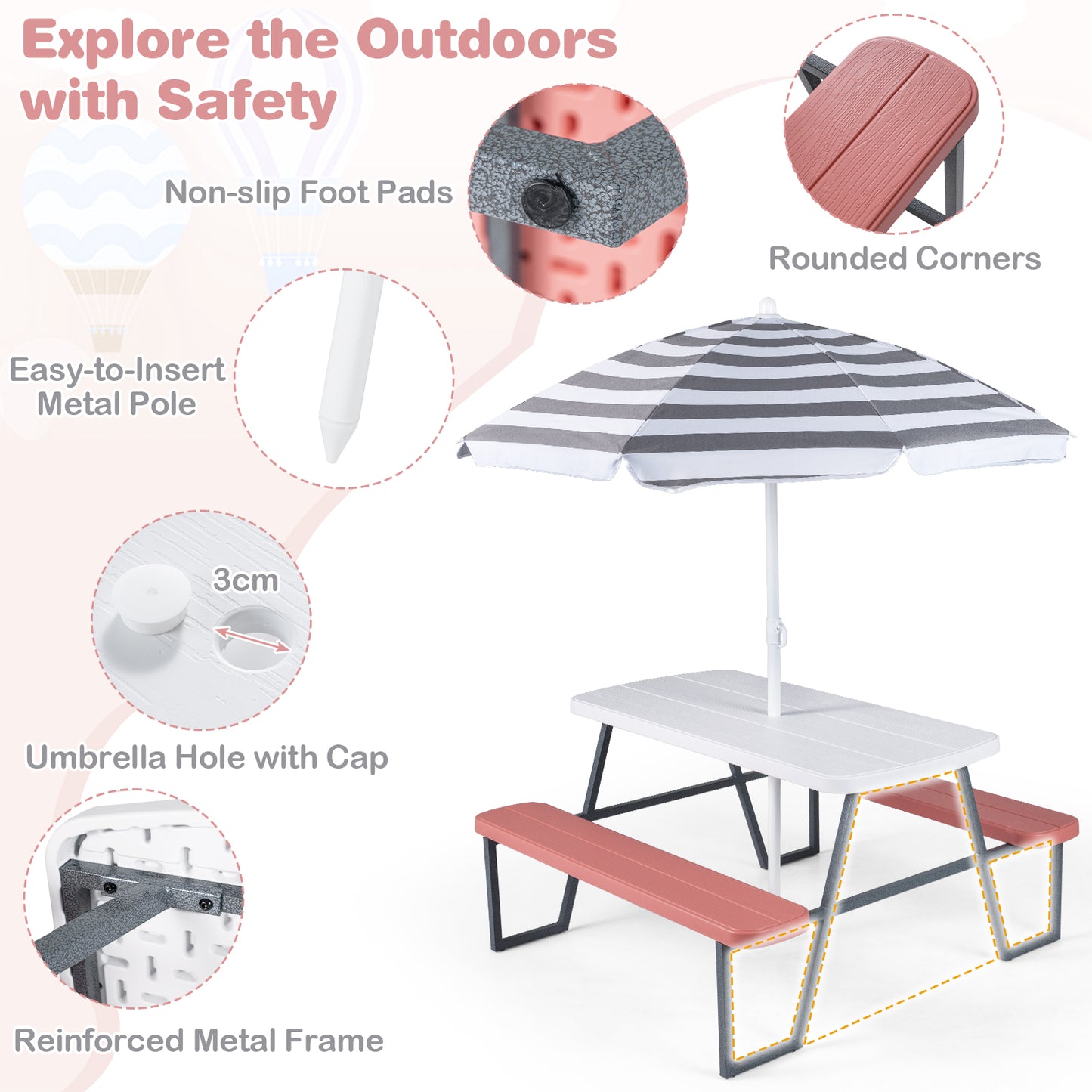 Pink Kids Picnic Table With Umbrella Benches | Seats 4