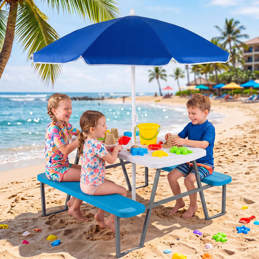 Blue Kids Picnic Table with Benches & Umbrella | Seats 4