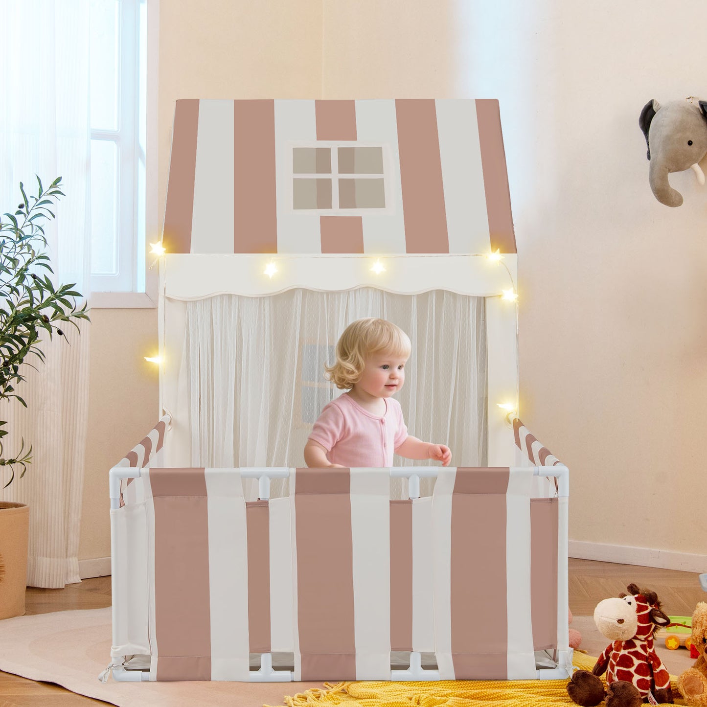 2 In 1 Kids Play Tent Playpen | Star Lights | Beige Mat