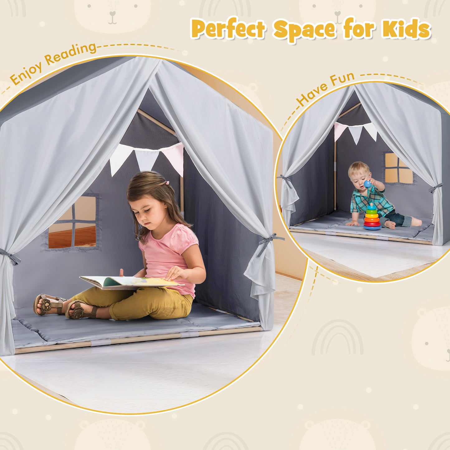 Grey Kids Play Tent | Cotton Mat & Flag Banner | Ages 3+