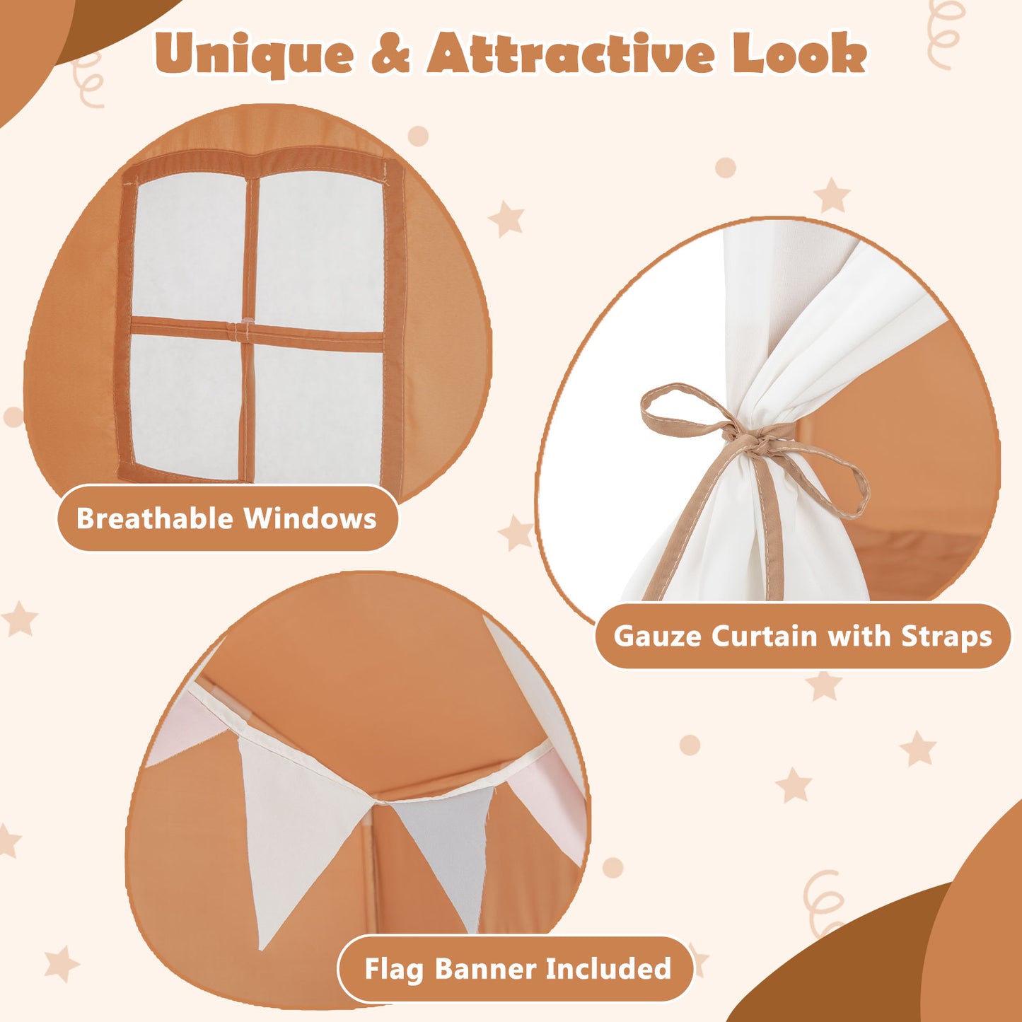 Orange Play Tent | Washable Cotton Mat & Flag Banner | Ages 3+