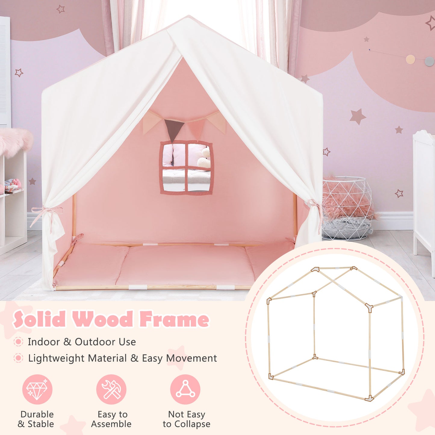 Kid's Play Tent With Washable Cotton Mat And Flag Banner For Kids Aged 3+ Pink