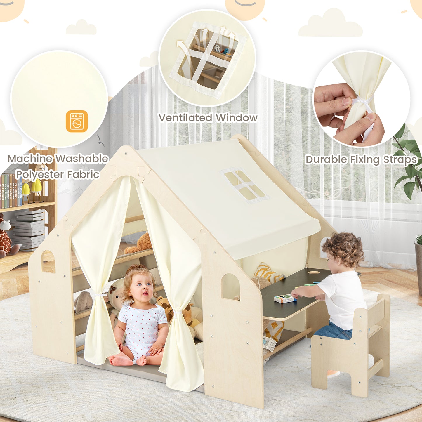 6 In 1 Wooden Kids Playhouse | Tent Table Chair Storage Natural