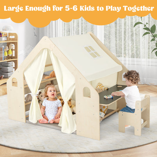 6 In 1 Wooden Kids Playhouse | Tent Table Chair Storage Natural