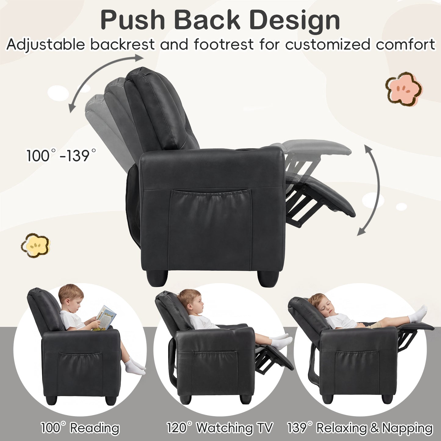 Black 2 Seater Kids Recliner | Cup Holders & Storage Pockets