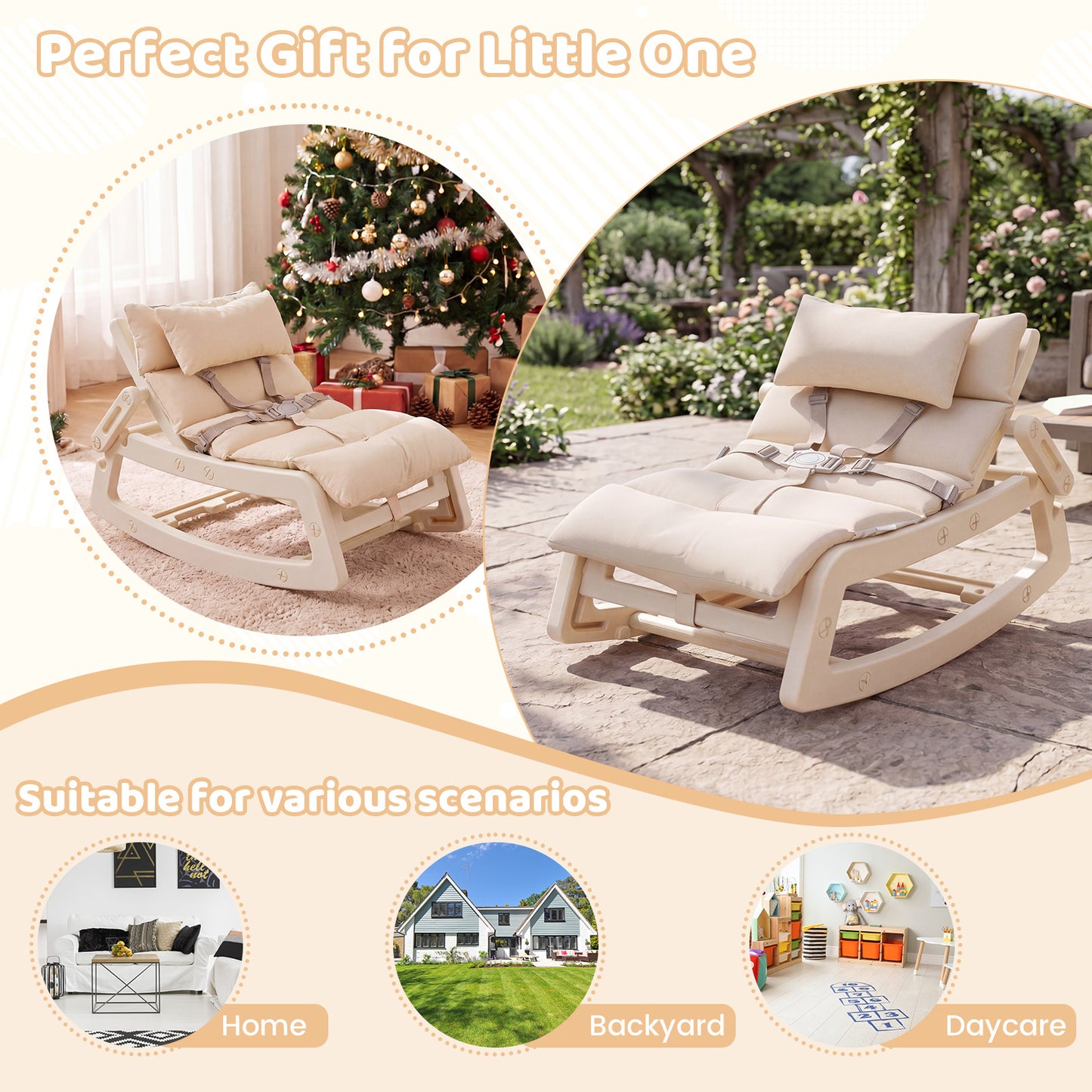 Beige Kids Rocking Chair | Adjustable Backrest & Washable Cushion