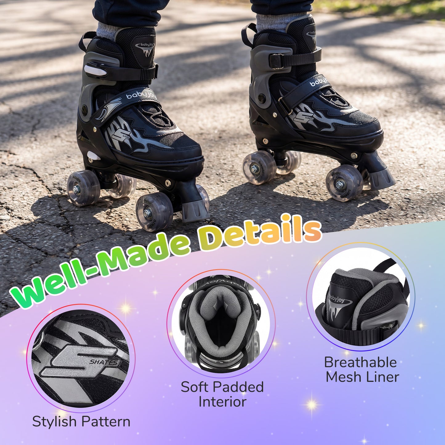 Black Adjustable Quad Roller Skates | 4 Sizes Teen Beginners