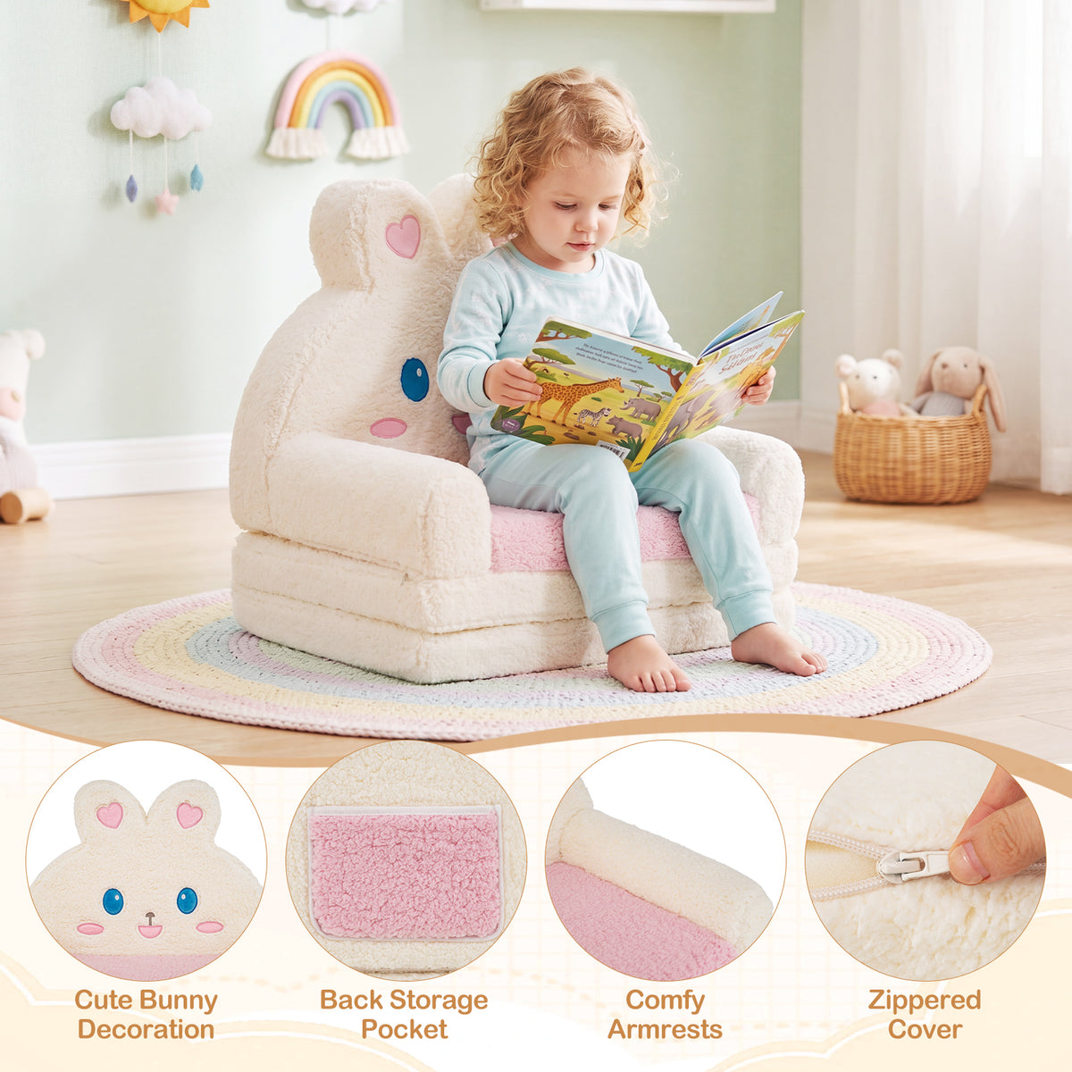 Pink 2-in-1 Kids Sofa Converts to Lounger for Toddlers