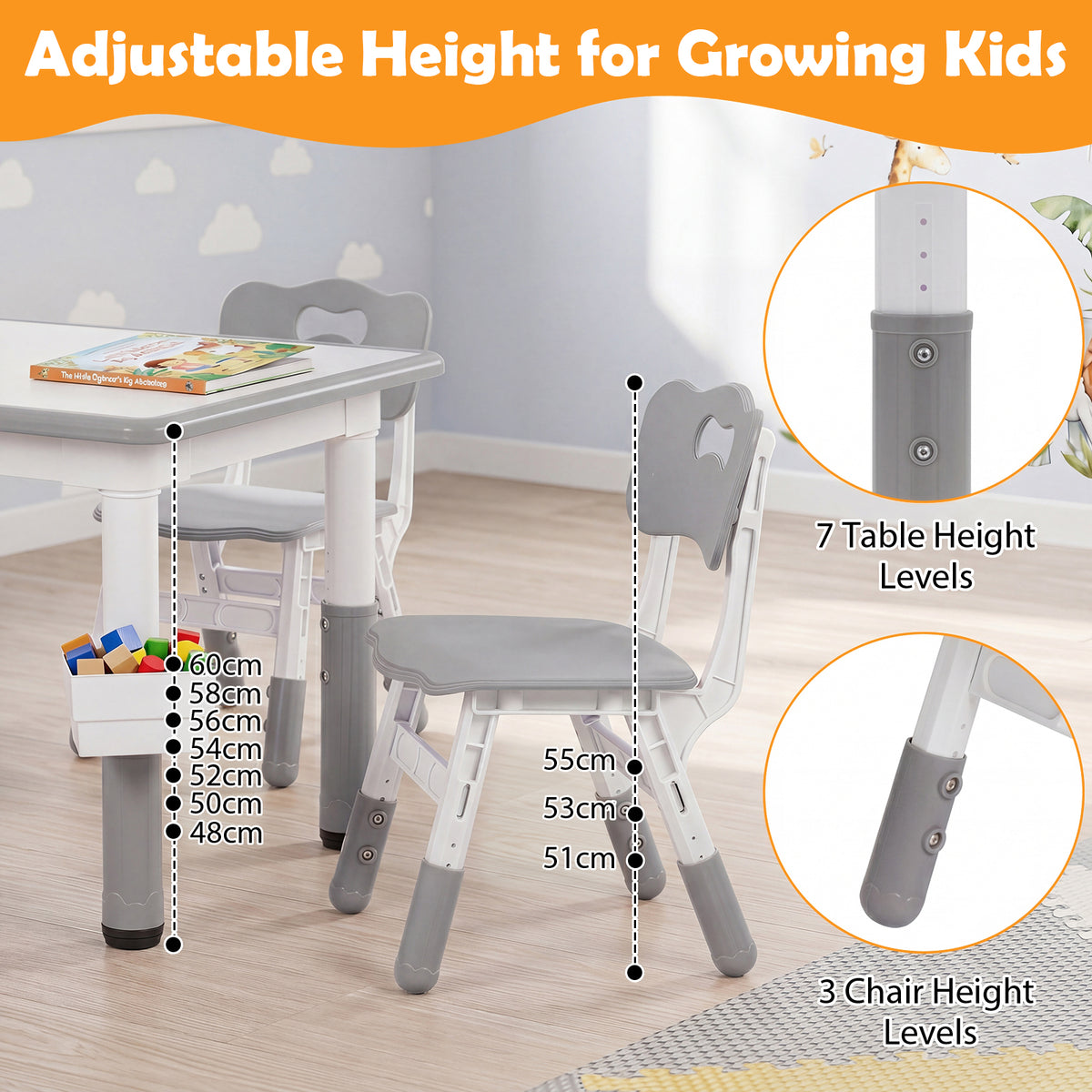 Grey Toddler Desk | Graffiti Top, 7-Level Height & 2 Baskets