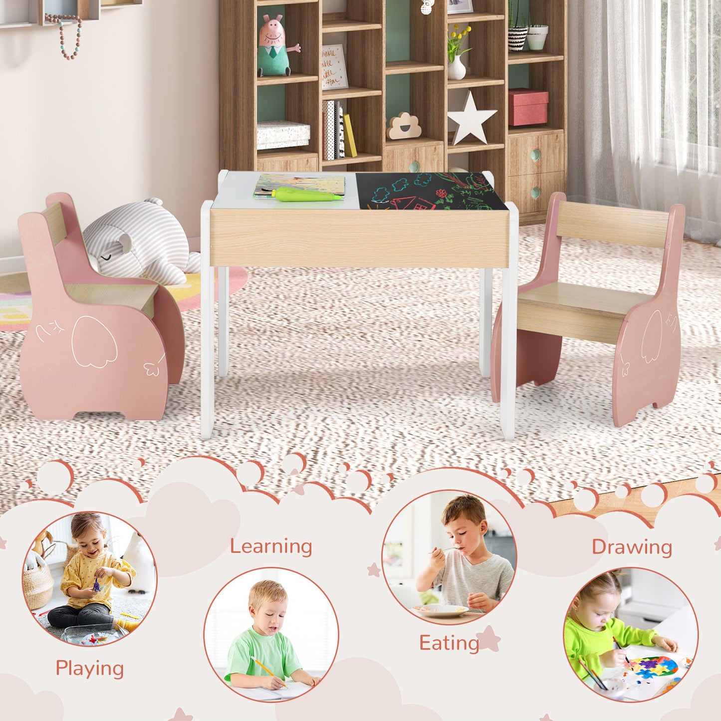Kids Pink Activity Table & 2 Chairs Set | 4-in-1 Wooden Desk