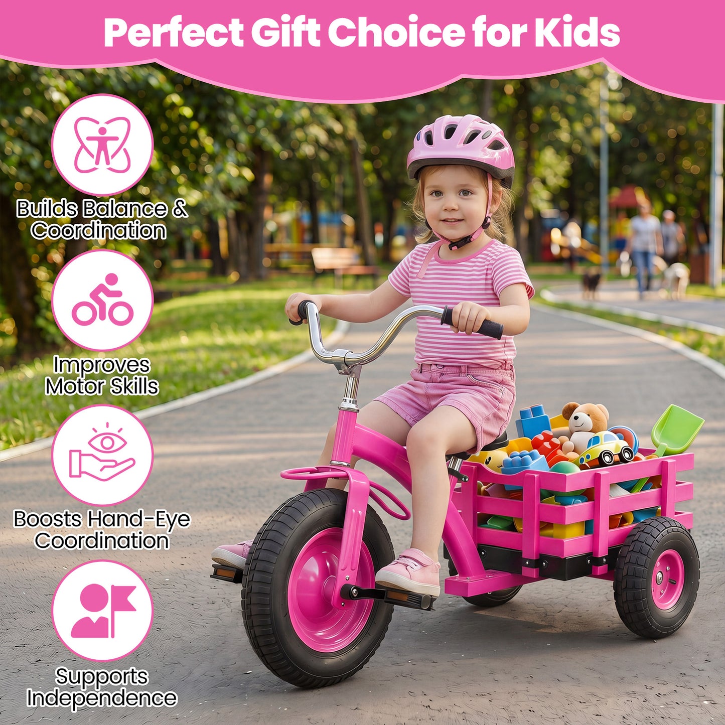 Pink Kids Tricycle | Basket Inflatable Tires Adjustable Seat