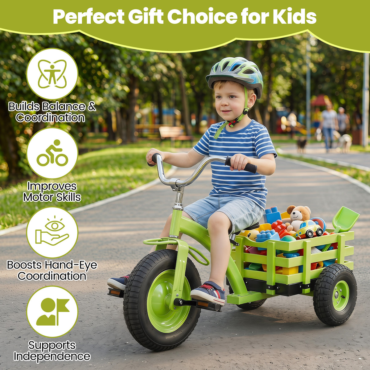 Green Kids Tricycle | Adjustable Seat, Basket & Inflatable Tires