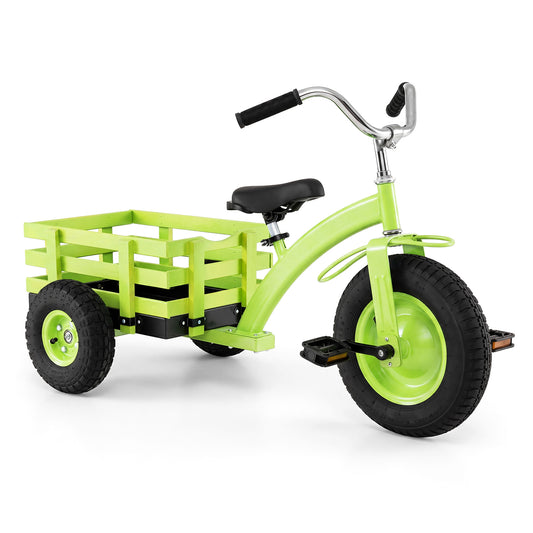 Green Kids Tricycle | Adjustable Seat, Basket & Inflatable Tires
