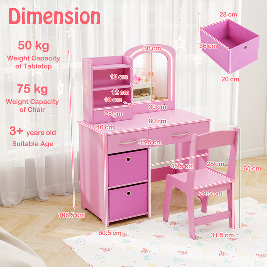 Pink Kids Vanity Set | 2 Color LED Mirror & Storage Drawers