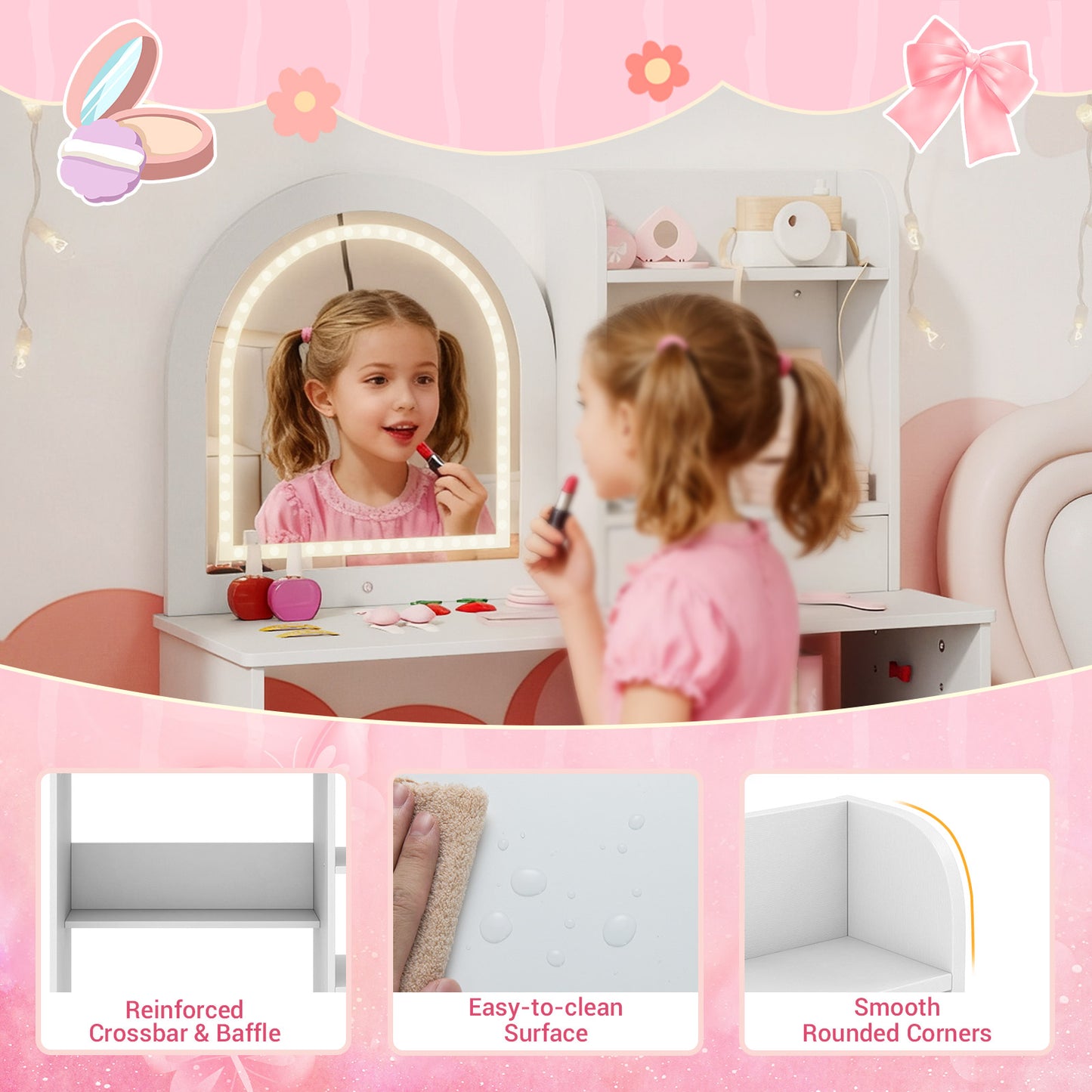 Kids White Vanity Set | 3 LED Mirror Colors | 2-in-1 Table