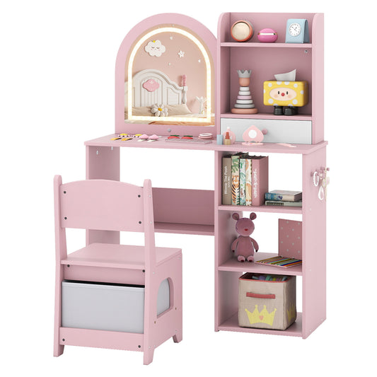 Pink Kids Vanity Set | 3 LED Light Mirror & Storage Chair