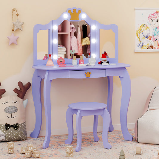 Kids Vanity Set | 3-Color LED Mirror Crown Design Pink White
