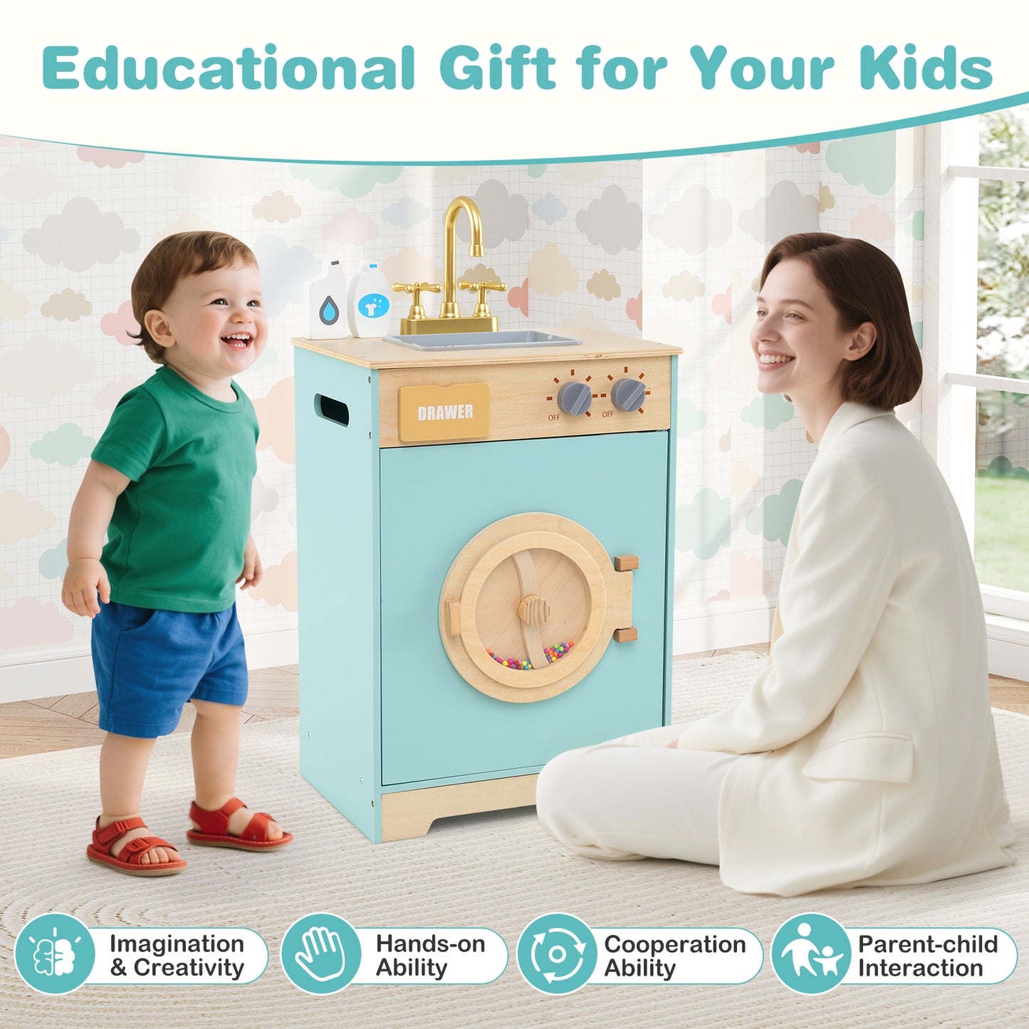 Kids Washer Playset Toy Washing Machine With Laundry Detergent And Hand Sanitizer Blue