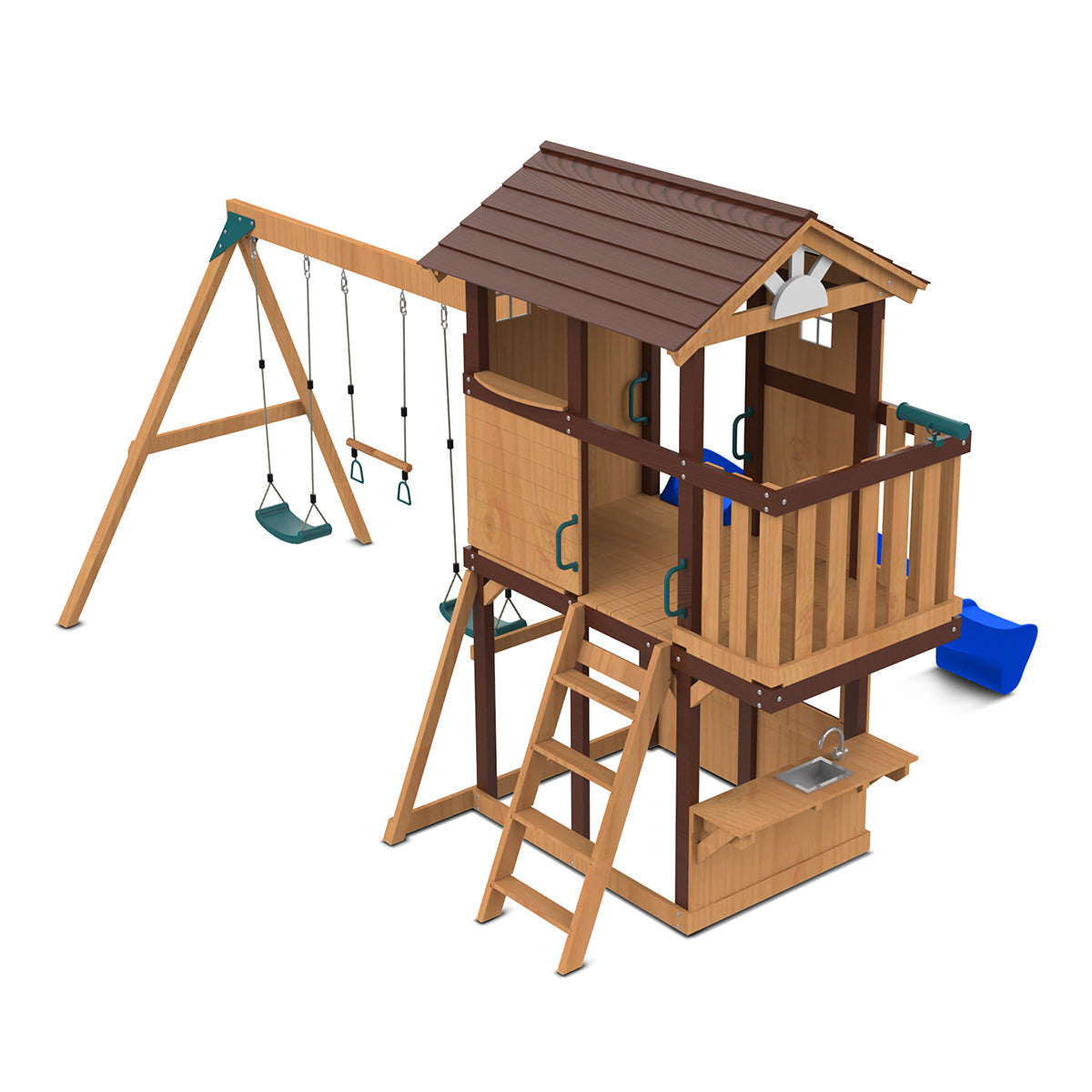 Darlington backyard play set featuring a blue slide and swing for outdoor fun and adventure. Darlington backyard play set featuring a blue slide and swing for outdoor fun and adventure.