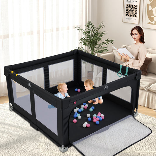 150cm Large Baby Playpen | Zipper Gate & Ocean Balls | Black