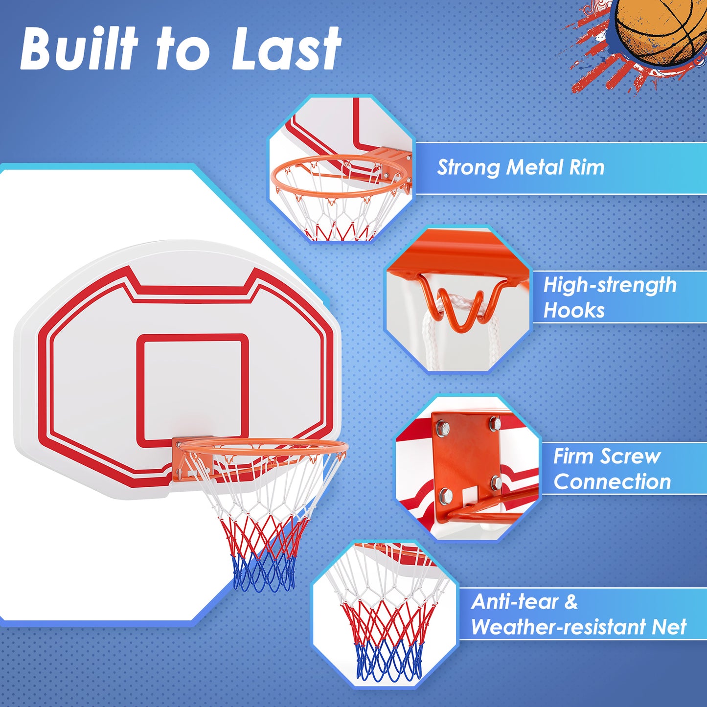 White Red Wall Mount Basketball Hoop | 91cm PE Backboard Indoor